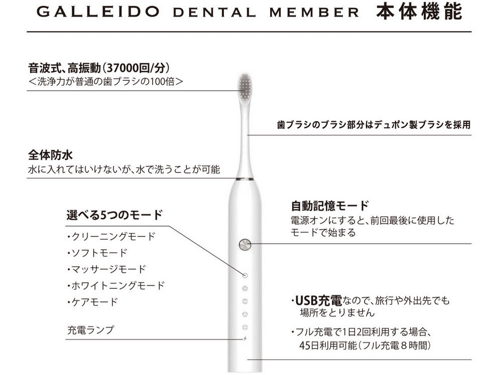 電動歯ブラシ「ガレイドデンタルメンバー」本体の性能情報